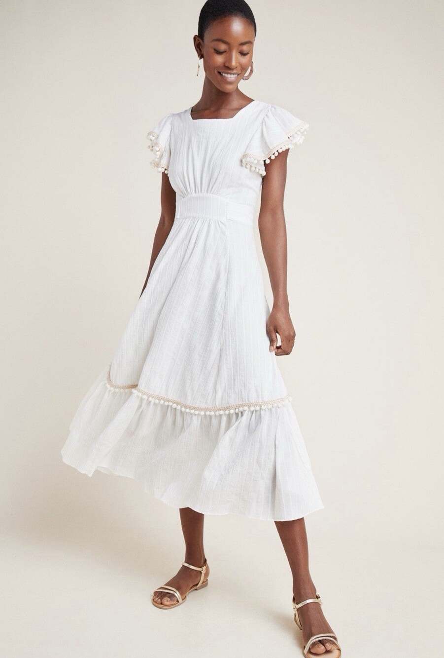 MISA Los Angeles Women’s Sarina Midi Dress Pom Pom Detail Ivory Size Medium